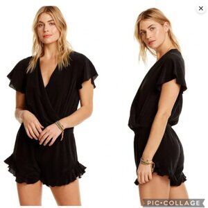 Chaser Black Silk Flouncy Surplice Romper Ruffle Feminine XS